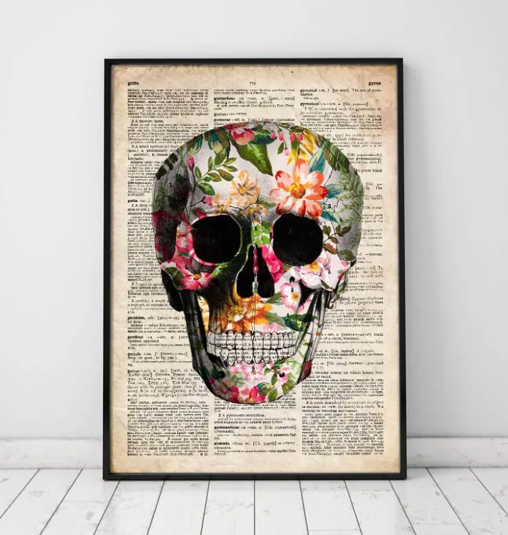 Affiche crâne floral - Ancien dictionnaire-Codex Anatomicus Discount